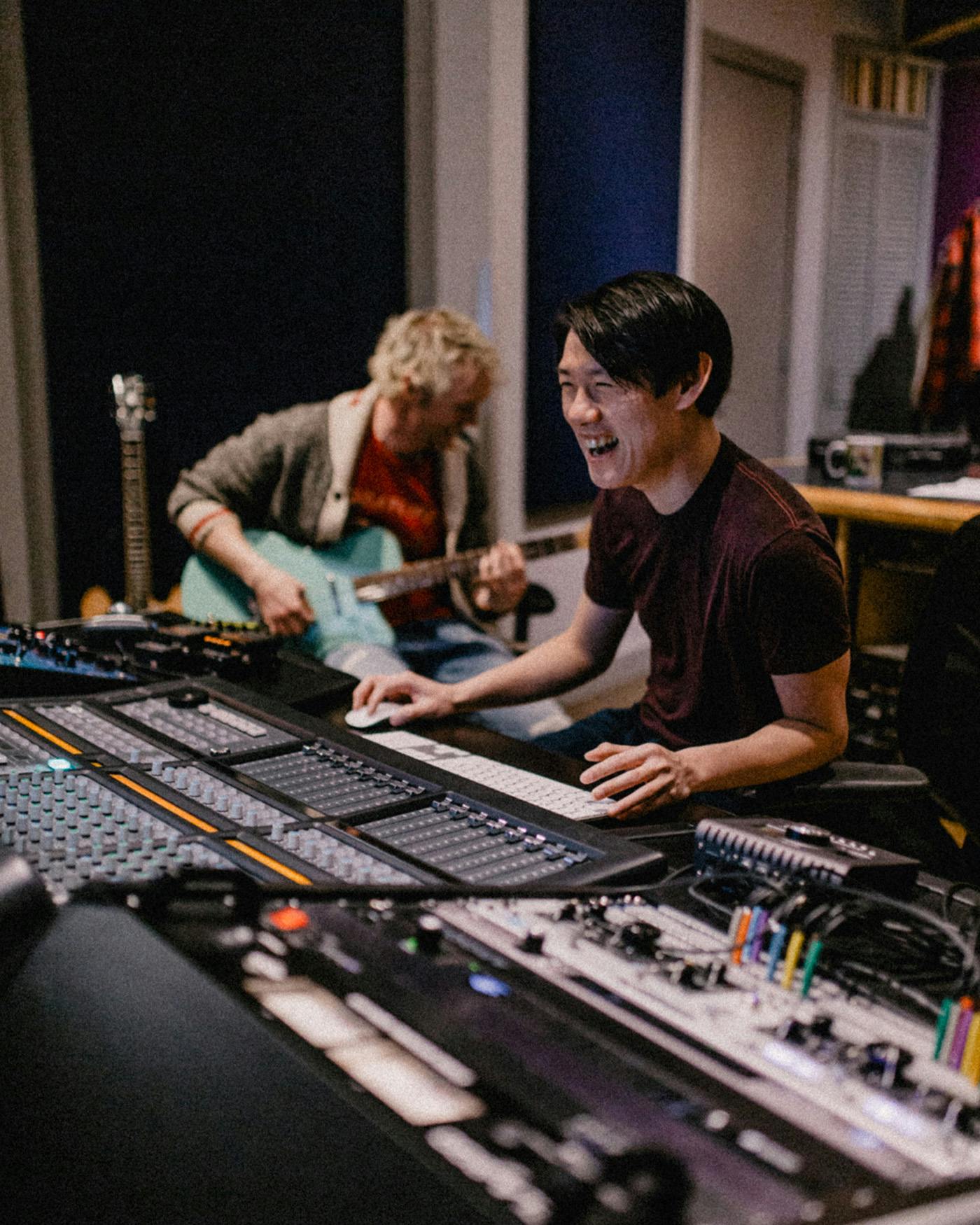 Producers Mike Schlosser and Randor Lin working in Edmonton Recording Studio Velveteen Music with artist Jenna Soroka